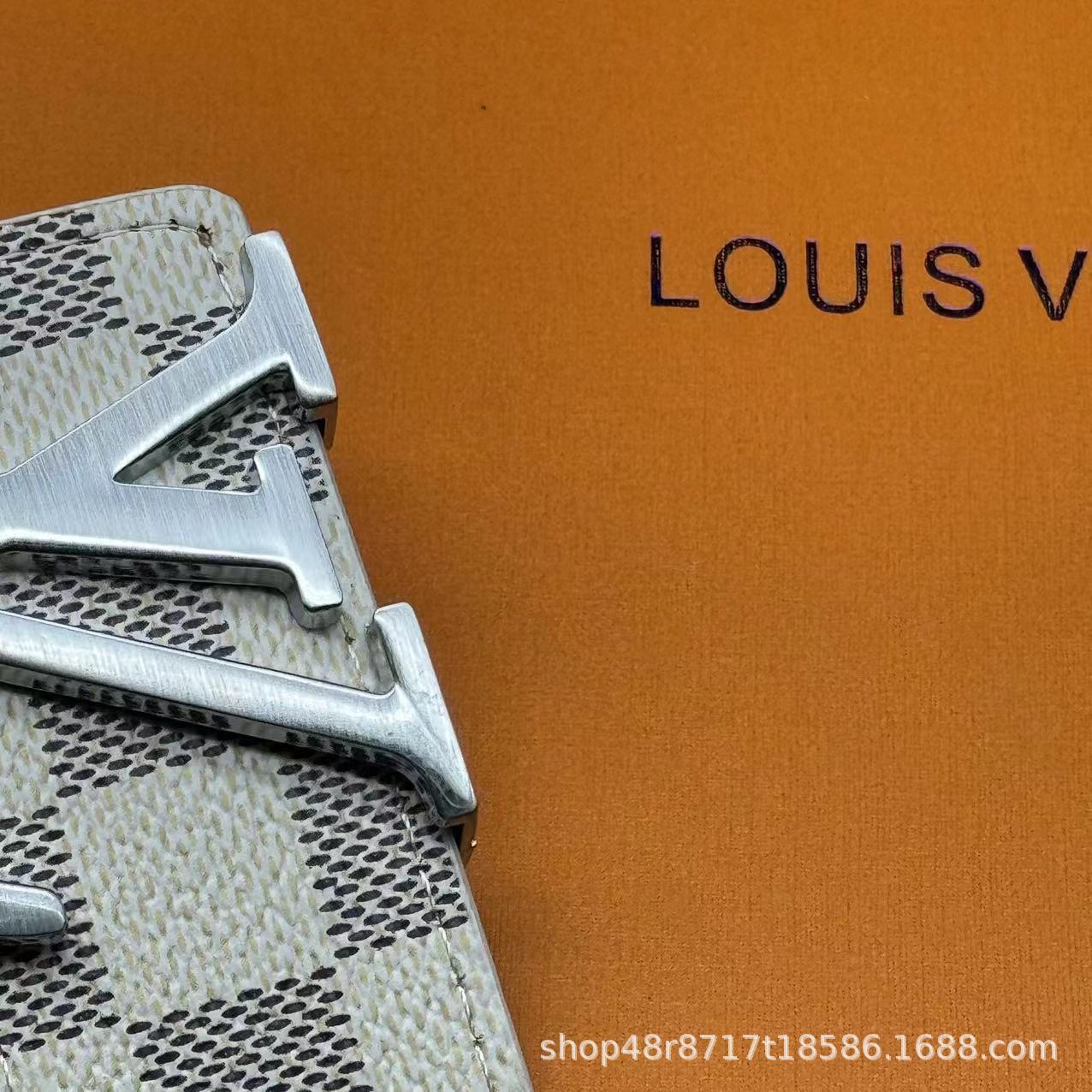 New L Men's Belt Smooth Buckle V Letter Belt Youth Plaid Trouser Belt Trendy Casual Business Belt