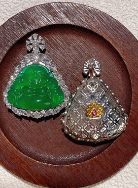 s925纯银新款天然玉石冰绿玉髓佛公吊坠新中式弥勒佛翡翠绿色项链