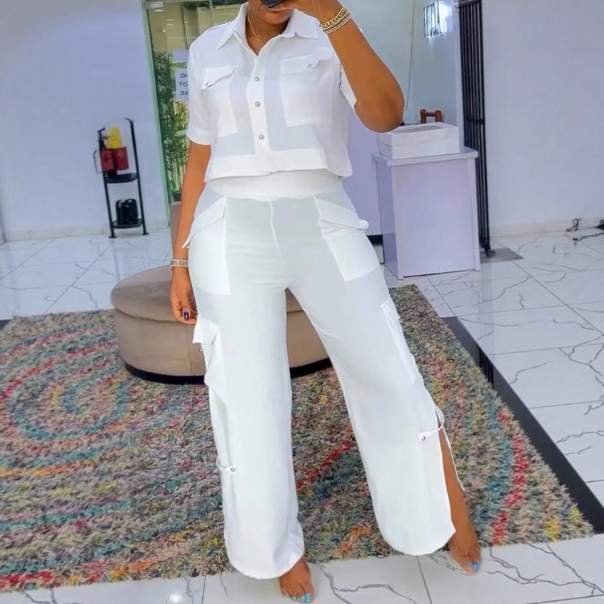Summer Womens Casual Set High Neck Top Multi Pocket Design Color Block Pants Perfect for Everyday Wear Wholesale