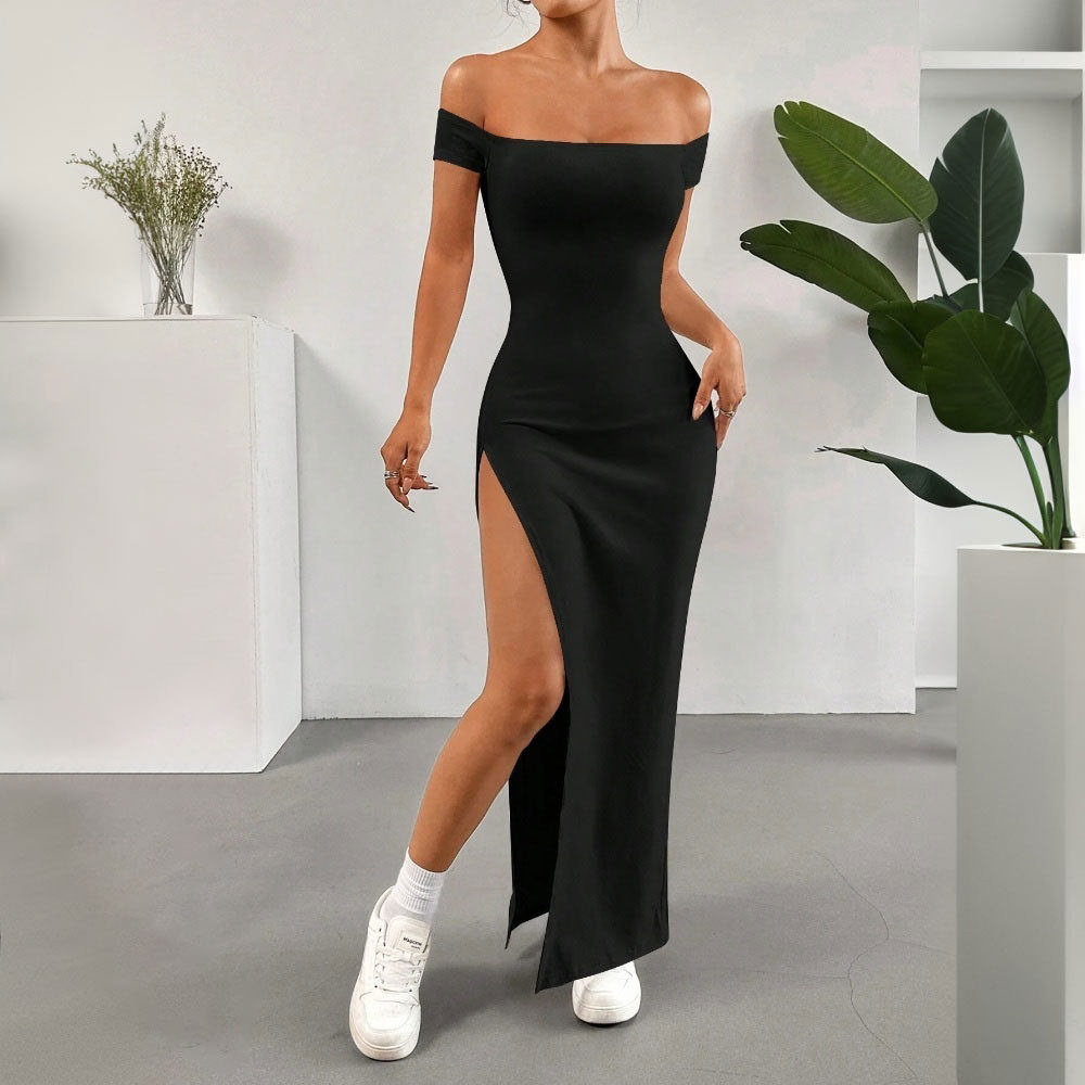 Elegant Solid Color High Waisted Split Long Dress Off Shoulder Knitted Comfortable Fit Summer Casual Wear Wholesale