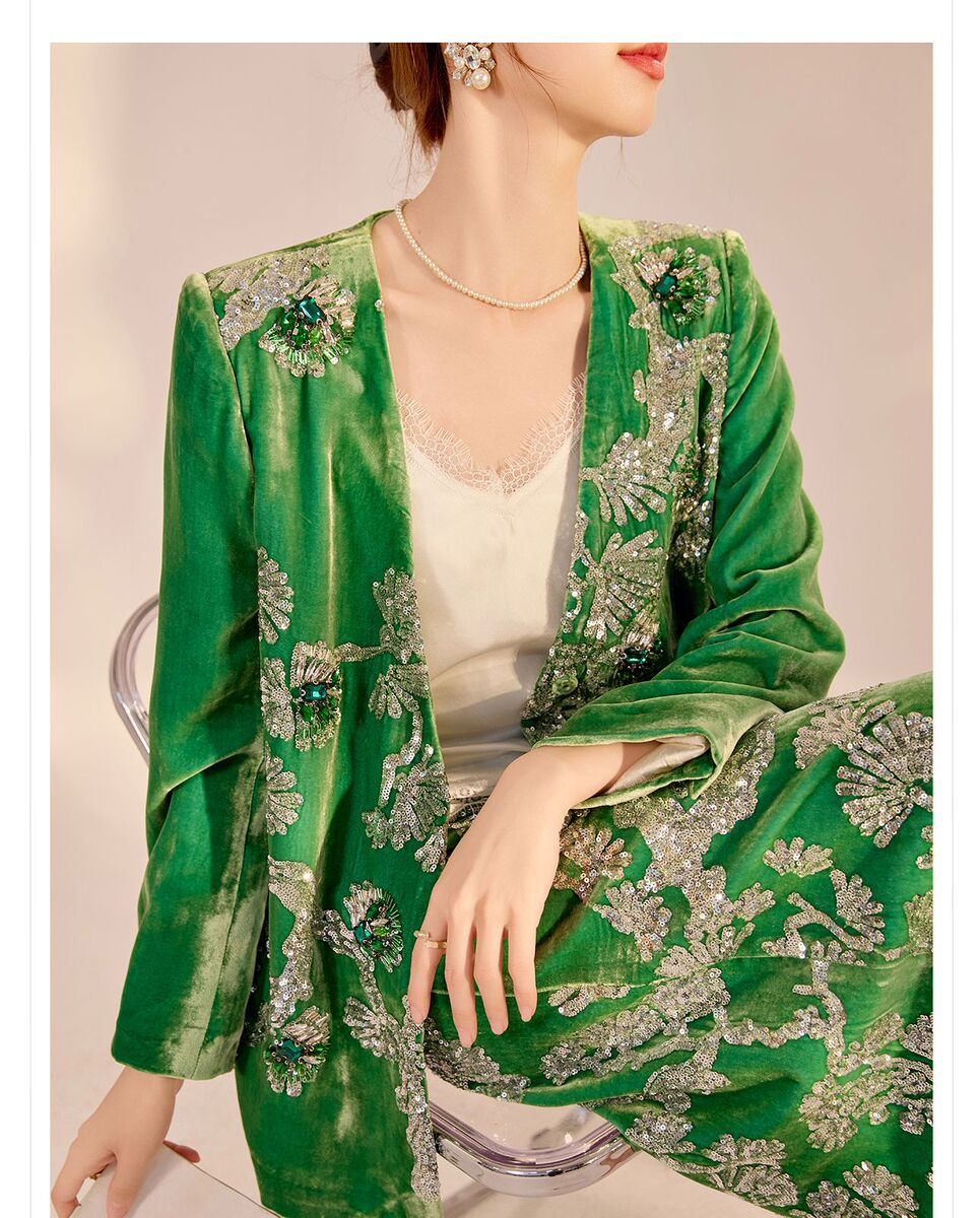 Bộ áo khoác cardigan và chân váy nữ thêu đính hạt lụa tơ tằm cao cấp — Váy (giao hàng trong 7 ngày), Váy (giao hàng trong ngày), Áo khoác (giao hàng trong 7 ngày)