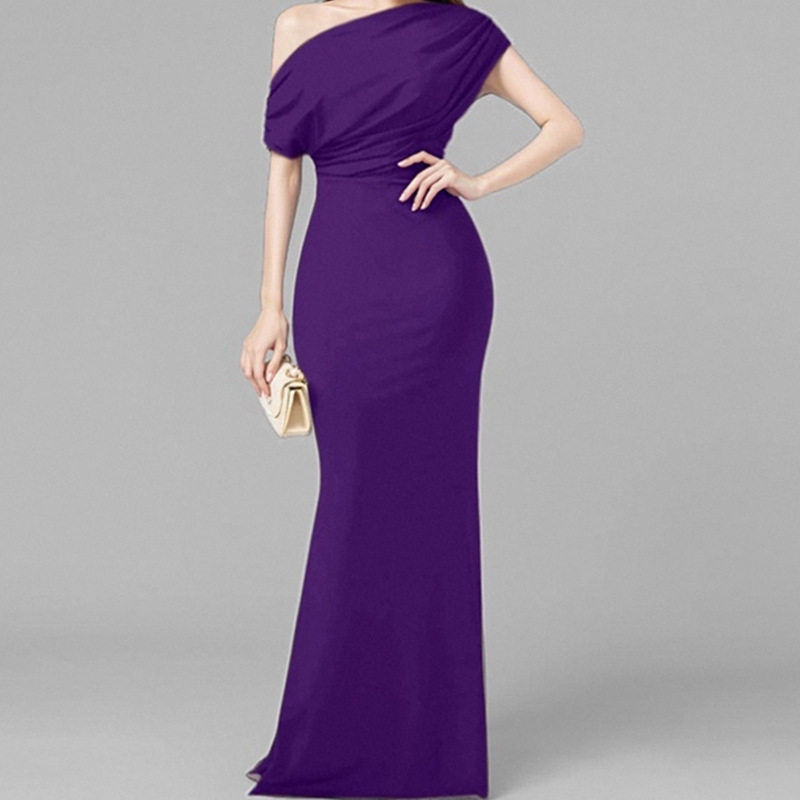 Womens Spring Dress Elegant Solid Color Slim Fit Asymmetrical Shoulder Design Perfect for Parties or Casual Events