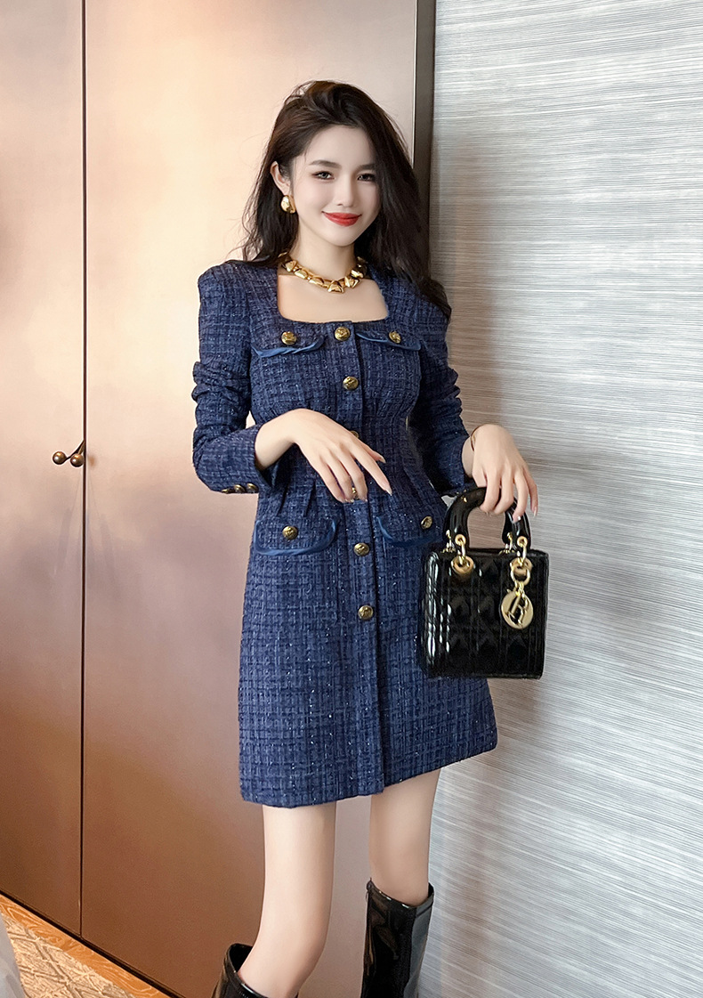 Đầm nữ dáng chữ A cổ vuông thắt eo vải tuýt dài tay — Màu tím xanh lam
