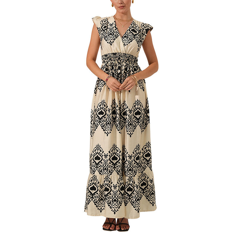 Floral Print Maxi Dress Black and White Ruffled Sleeves Ethnic Vacation Style Wholesale Available