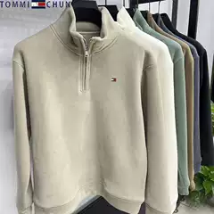 genuine goods Tommy Solid Color Fleece Sweater Men's Autumn and Winter Thickened Hand Fleece Sweater Warm Middle-aged and Young Undershirt