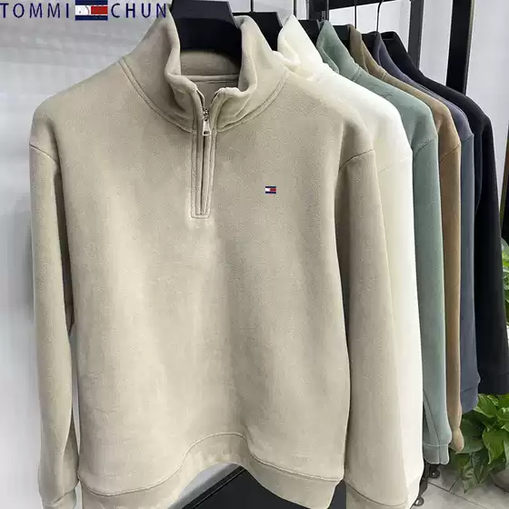 genuine goods Tommy Solid Color Fleece Sweater Men's Autumn and Winter Thickened Hand Fleece Sweater Warm Middle-aged and Young Undershirt