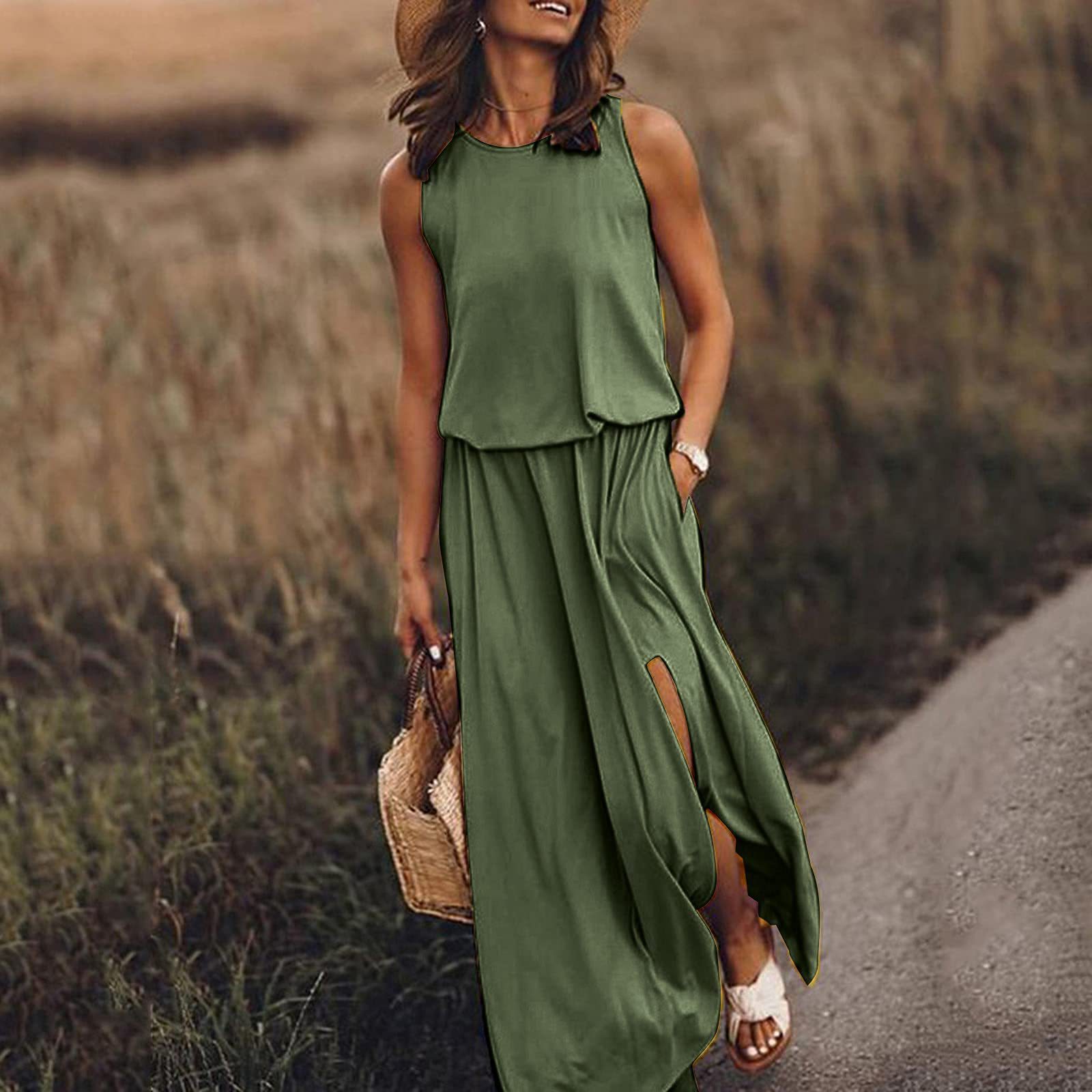 Women's Dress O Neck Sleeveless Split Solid Color Long skirt-图1