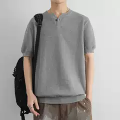 Men's Summer New Pullover Open-Neck Solid Color Knit Short-Sleeve T-Shirt Trendy Men's Stretch Breathable Top