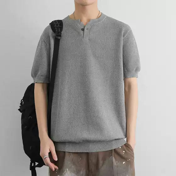 Men's Summer New Pullover Open-Neck Solid Color Knit Short-Sleeve T-Shirt Trendy Men's Stretch Breathable Top