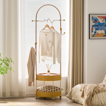 French-Style Vintage Clothes Rack with Laundry Basket for Bedroom, Home Use, Freestanding with Wheels, Movable Cream-Colored Trendy Coat Rack