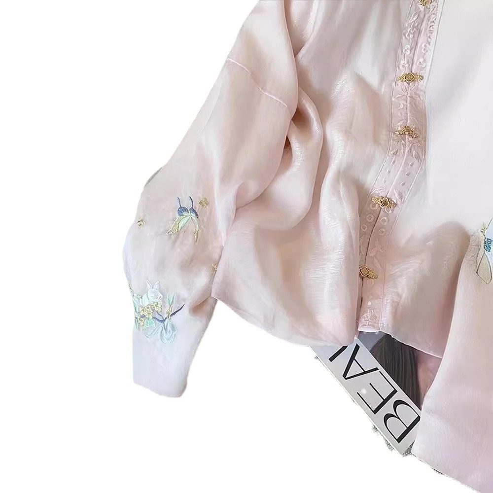 New Chinoiserie Pink Embroidered Stand-Up Collar Long-Sleeved Shirt for Women 2025 Spring & Fall National Style Gentle and Sweet Elegant Light Top