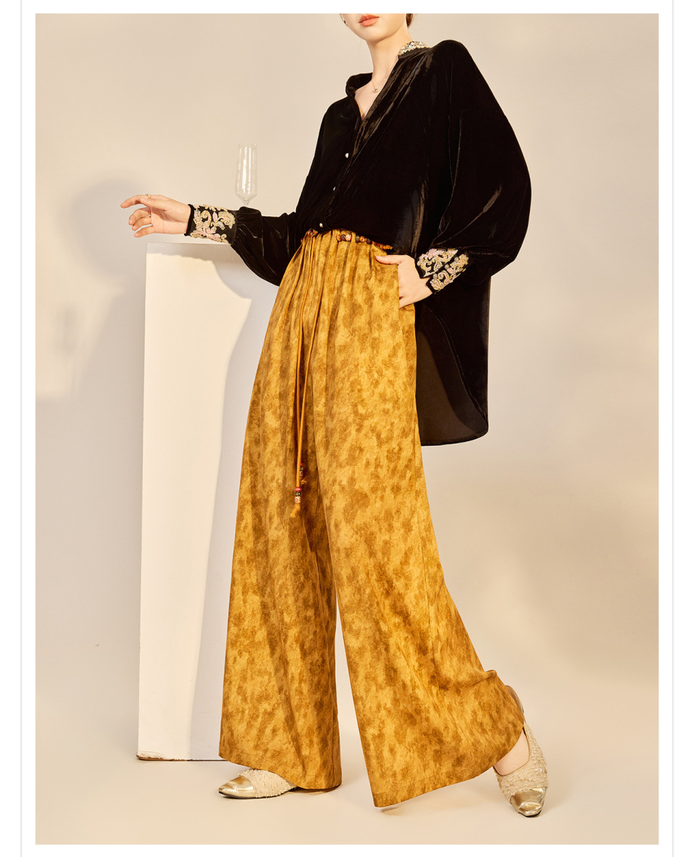 Quần ống rộng nữ họa tiết in hai mặt thắt lưng dây buộc phong cách nhẹ nhàng P9028 — Amber (7 ngày)