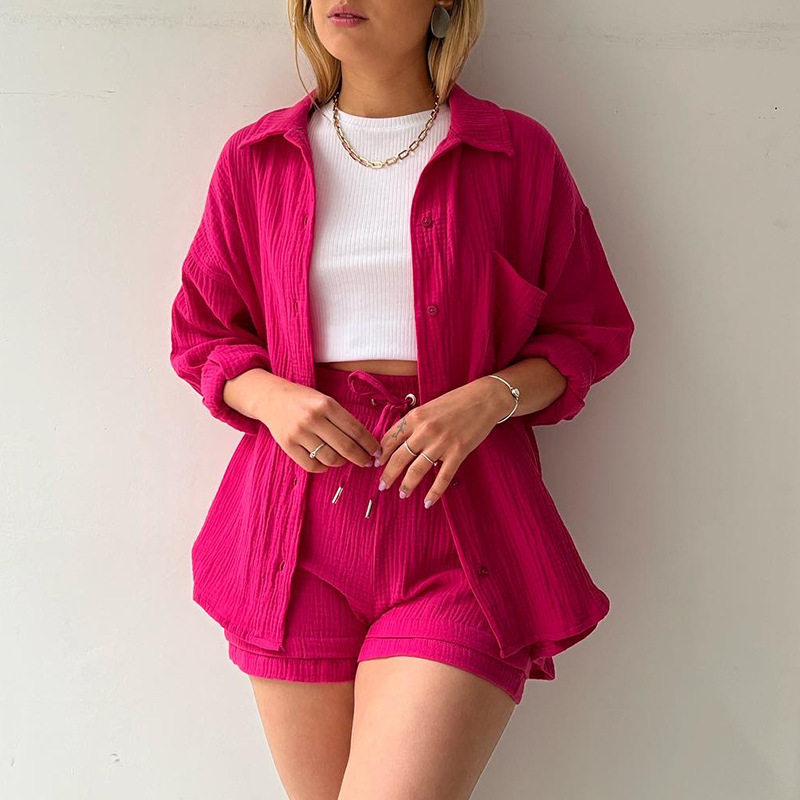 European and American women two sets of wrinkle lapel long sleeve shirt high waist drawstring shorts large size fashion casual suit
