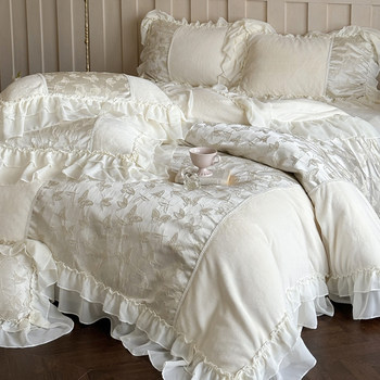 Winter french full matte thickened milk velvet bedding four-piece set lace quilt cover princess style bed sheet