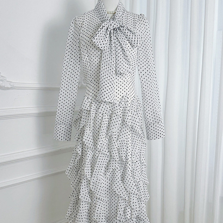 French Court Style Polka Dot Mermaid Maxi Dress Ruffled Hem Waist Defining Scarf Collar Elegant Evening Wear