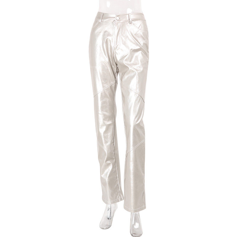 Womens Street Style Silver Foil Wide Leg Trousers Casual Loose Fit Versatile Design Perfect for Everyday Wear
