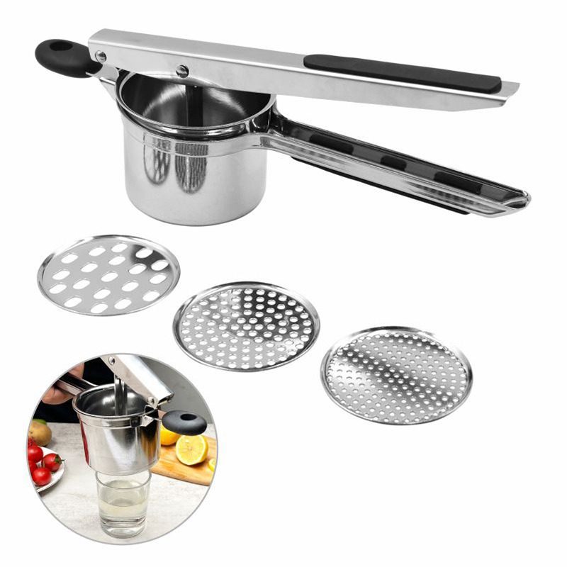 Stainless steel manual three-in-one potato puree, garlic puree, lemon juice, etc. Multi-purpose non-slip silicone handle