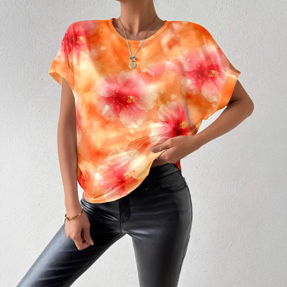 Tie Dye Floral Print Short Sleeve Top Round Neck Casual Style Fashionable Design Wholesale Available