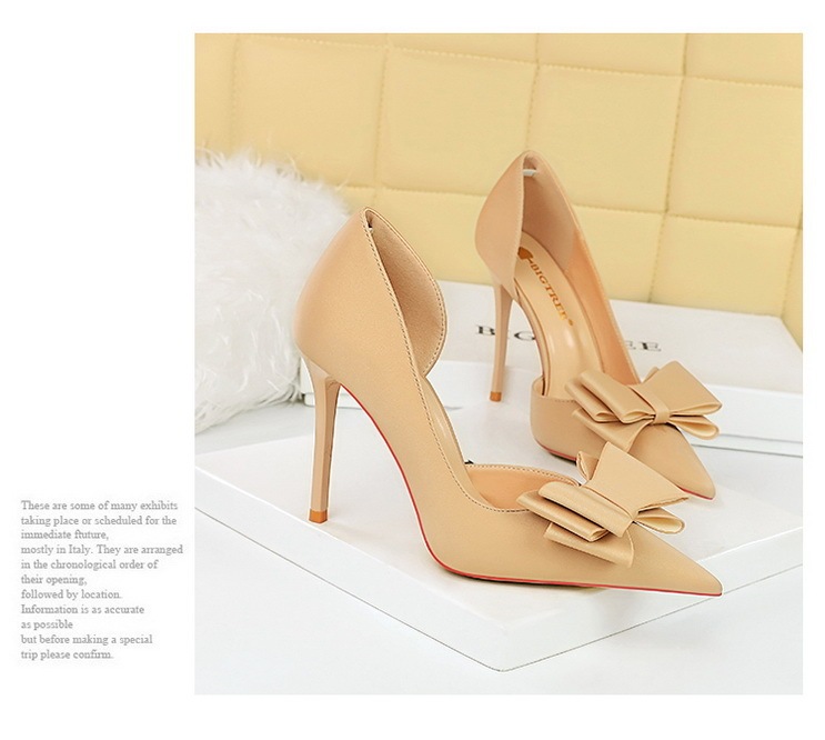 Giày cao gót nữ mũi nhọn gót siêu cao 10.5cm mặt lụa satin thắt nơ hở hông — Màu đen, Màu đỏ hoa hồng, Màu đỏ rượu, Màu hồng