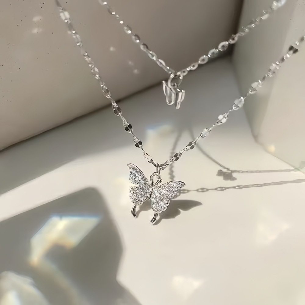 Double-layer Butterfly Necklace ~ Flash Diamond Pendant Spring and Summer New Fashionable Necklace Chain Women's Ins South Korea All-match Cold Style Clavicle Chain