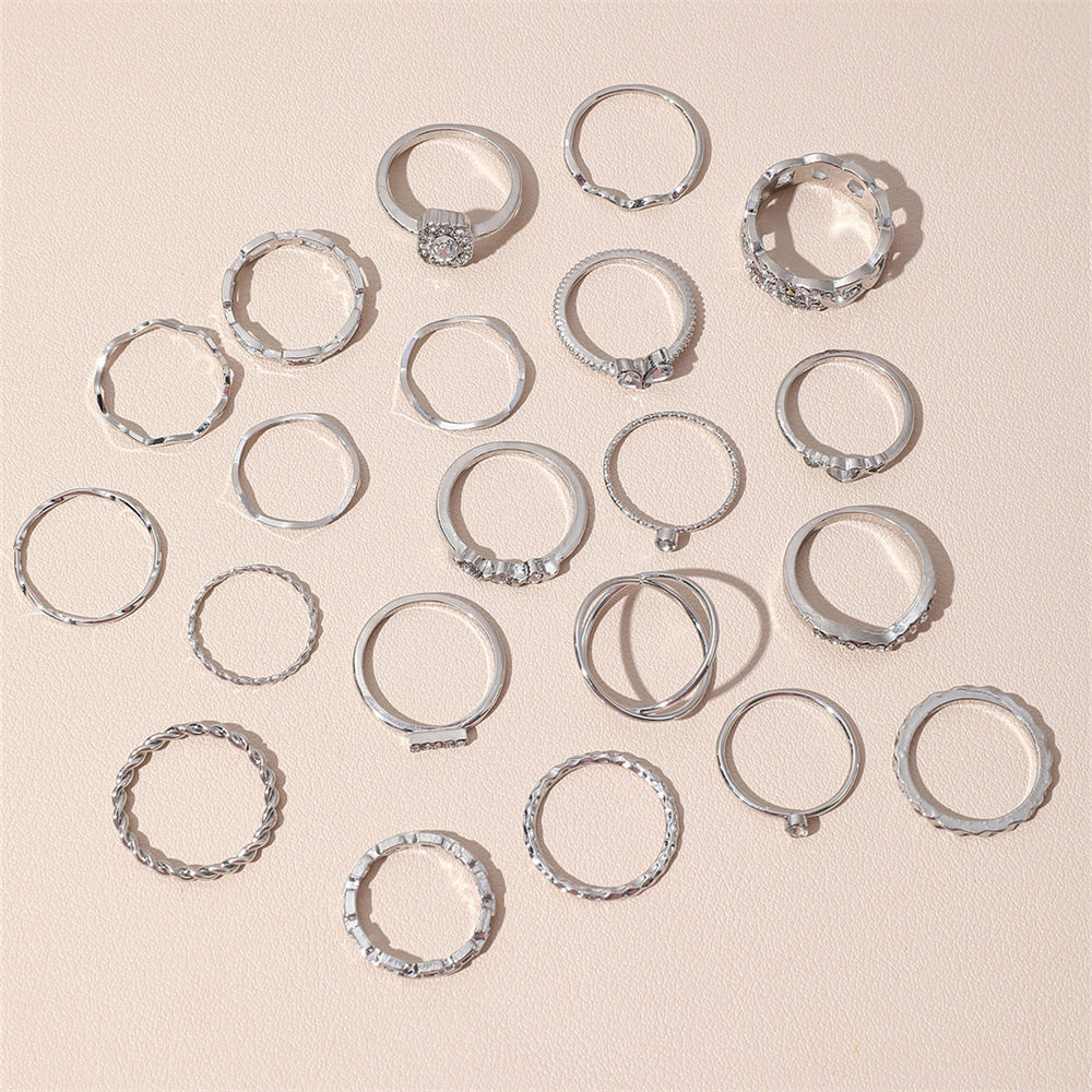 跨境热销滴油蝴蝶仿宝石戒指 多关节戒指套装 21件套镂空爱心指环