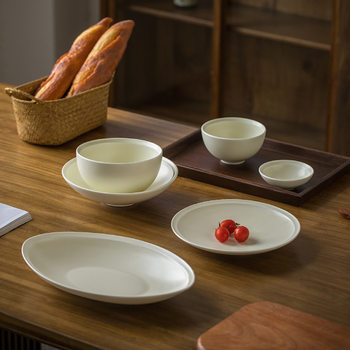 Simple solid color matte texture sub-mouth Bowl plate ceramic suit household rice bowl Hotel B & B dish deep fish plate