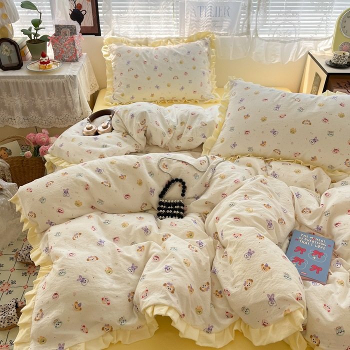 Category a Maternal and Infant Grade New Double-Layer Yarn Printed Washed Cotton Edge Four-Piece Set Three-Piece Set Student One Piece Wholesale