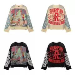 Roughplay Retro Print Trendy High Street Fashion Casual Fashion Fake Two-Piece Men's and Women's Long-Sleeved T-Shirts Trendy