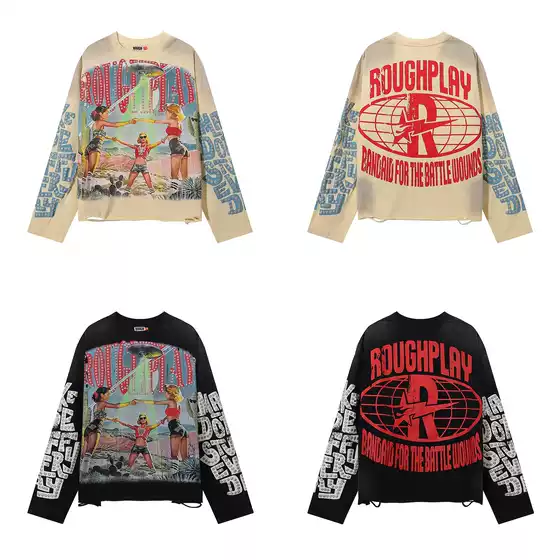 Roughplay Retro Print Trendy High Street Fashion Casual Fashion Fake Two-Piece Men's and Women's Long-Sleeved T-Shirts Trendy