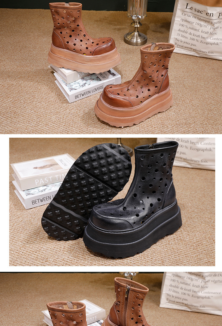 Giày sandal nữ da bò thật đế dày mũi tròn khoét lỗ phong cách retro — màu đen, Màu nâu