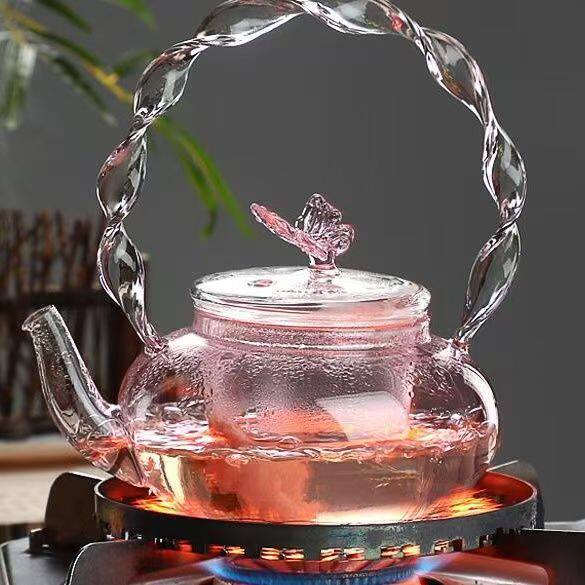 Pink Butterfly Glass Teapot for Brewing Tea, Electric Ceramic Stove Glass Teapot, High-Temperature Resistant Teapot, High-Value Fairy Teapot