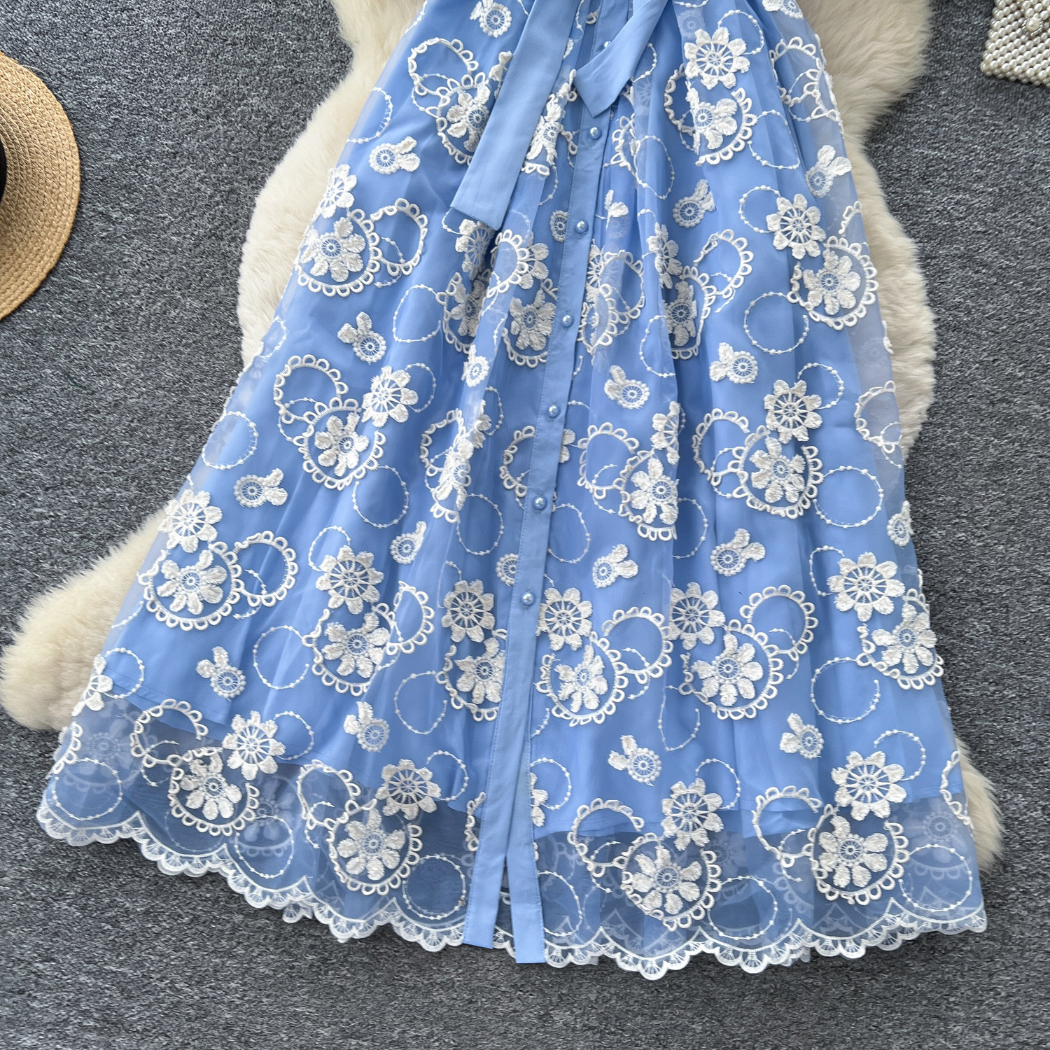Blue Lace A Line Dress for Women Summer Puff Sleeves Waist Defining Elegant Style Available for Wholesale