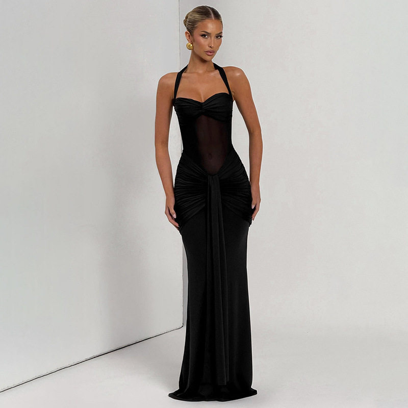 Chic Womens Maxi Dress Halter Neck Sheer Mesh Solid Color Flowing Design Perfect for Parties and Summer Events