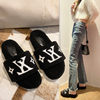 Influencer Picks Furry Slippers for Women 2025 New Autumn and Winter Towel Embroidered Letters Warm Flats Furry Shoes for Outer Wear