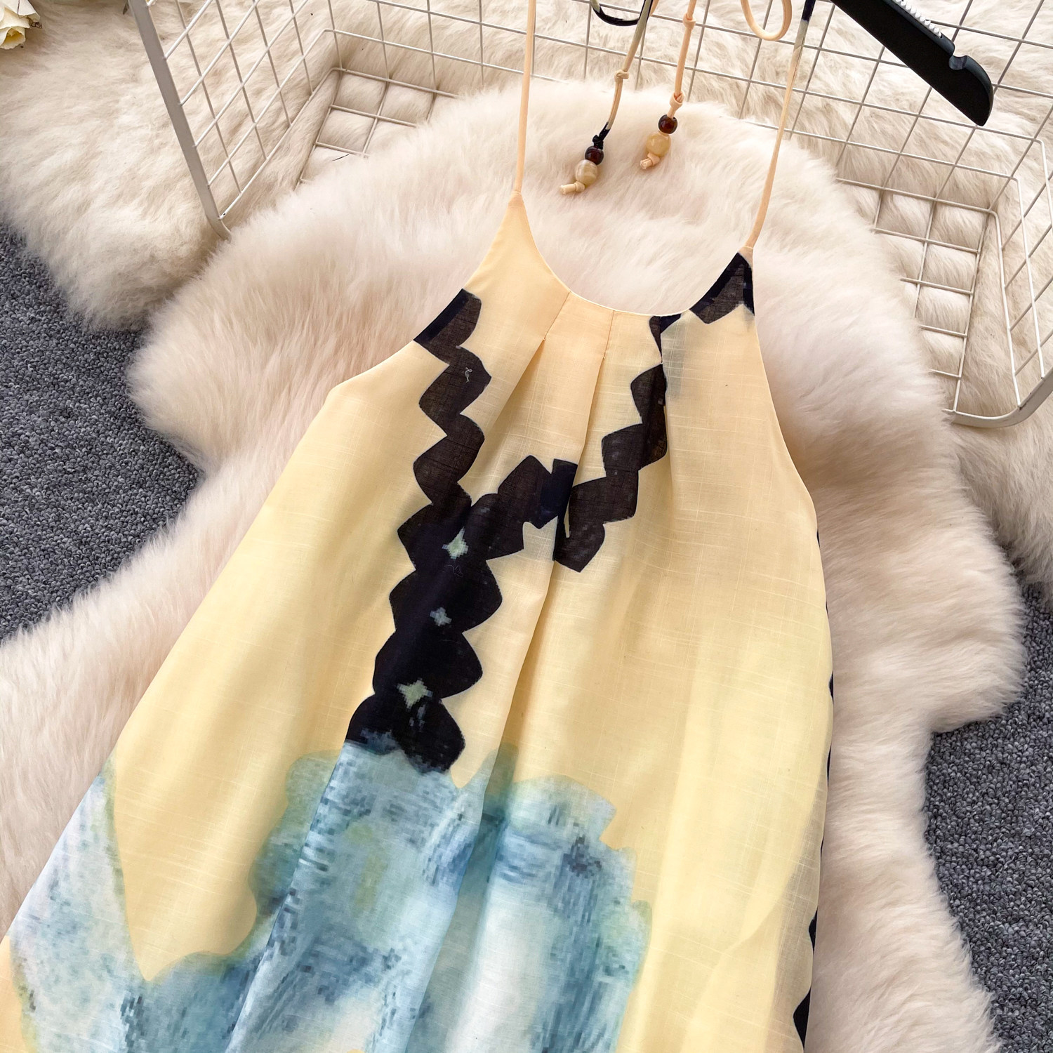 Yellow Floral Halter Maxi Dress for Women Summer Sexy Open Back Tassel Details Beachwear French Style Wholesale