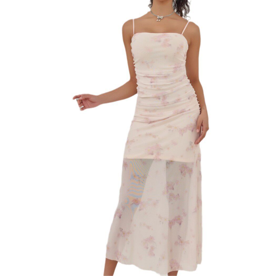 Sweet Floral Ruffled Maxi Dress High Elasticity Spaghetti Straps Vacation Style Spring Summer Collection Wholesale