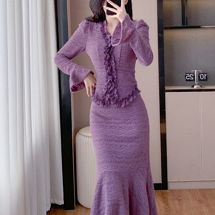 French Style Womens Purple Set Elegant Ruffled Lace Top with Long Sleeves Flared Midi Skirt for Autumn Wholesale
