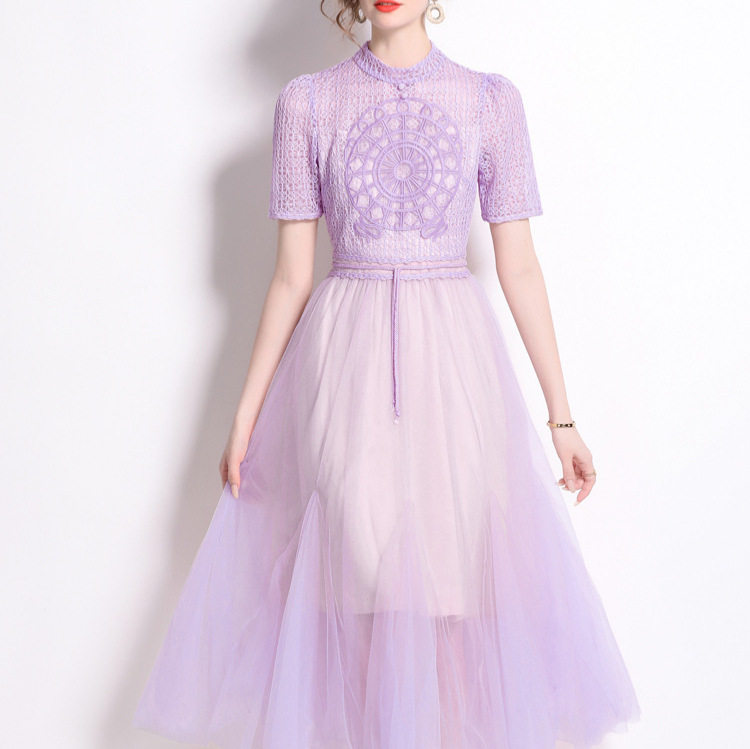French Vintage Court Style Dress Heavy Embroidery Hollow Lace Round Neck Waist Defining Tulle Skirt Elegant