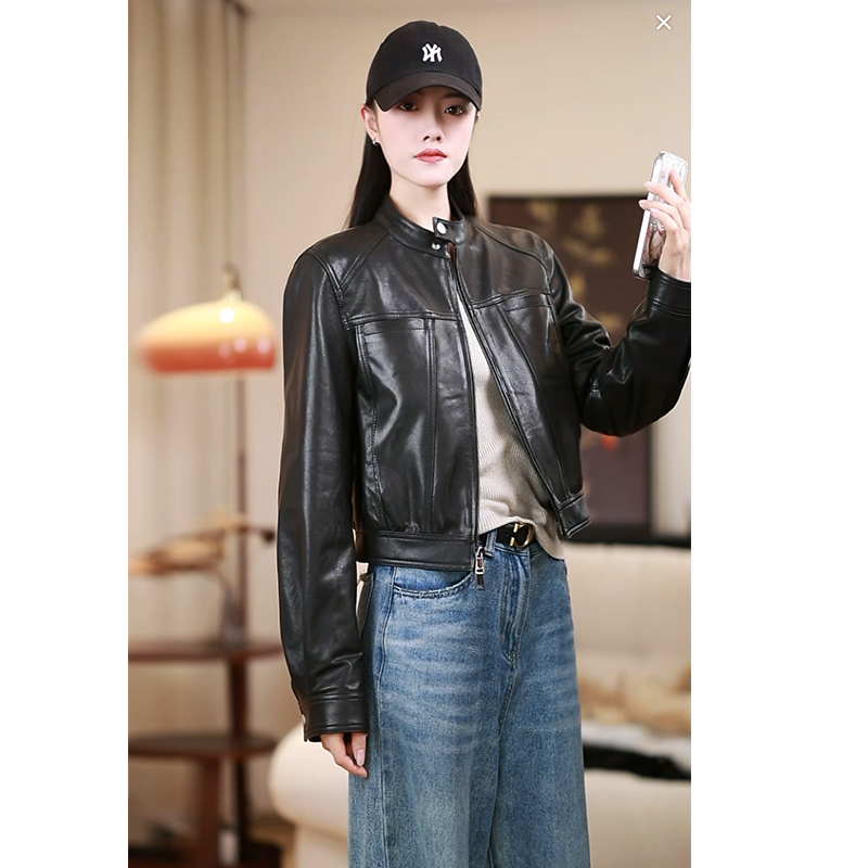 Áo khoác da cừu nữ dáng ngắn cổ bóng chày phong cách đường phố — màu đen