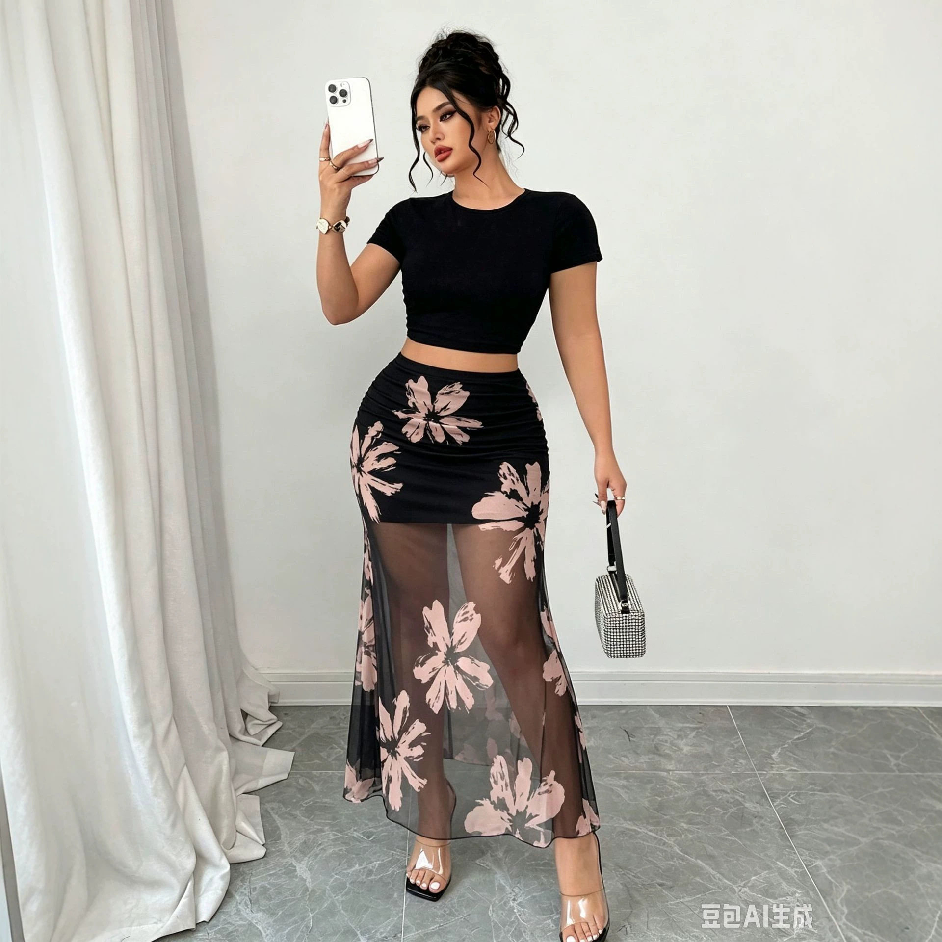 High Waist Floral Mesh Mermaid Skirt Elegant Design Summer Fashion Versatile for Parties and Casual Wear Wholesale