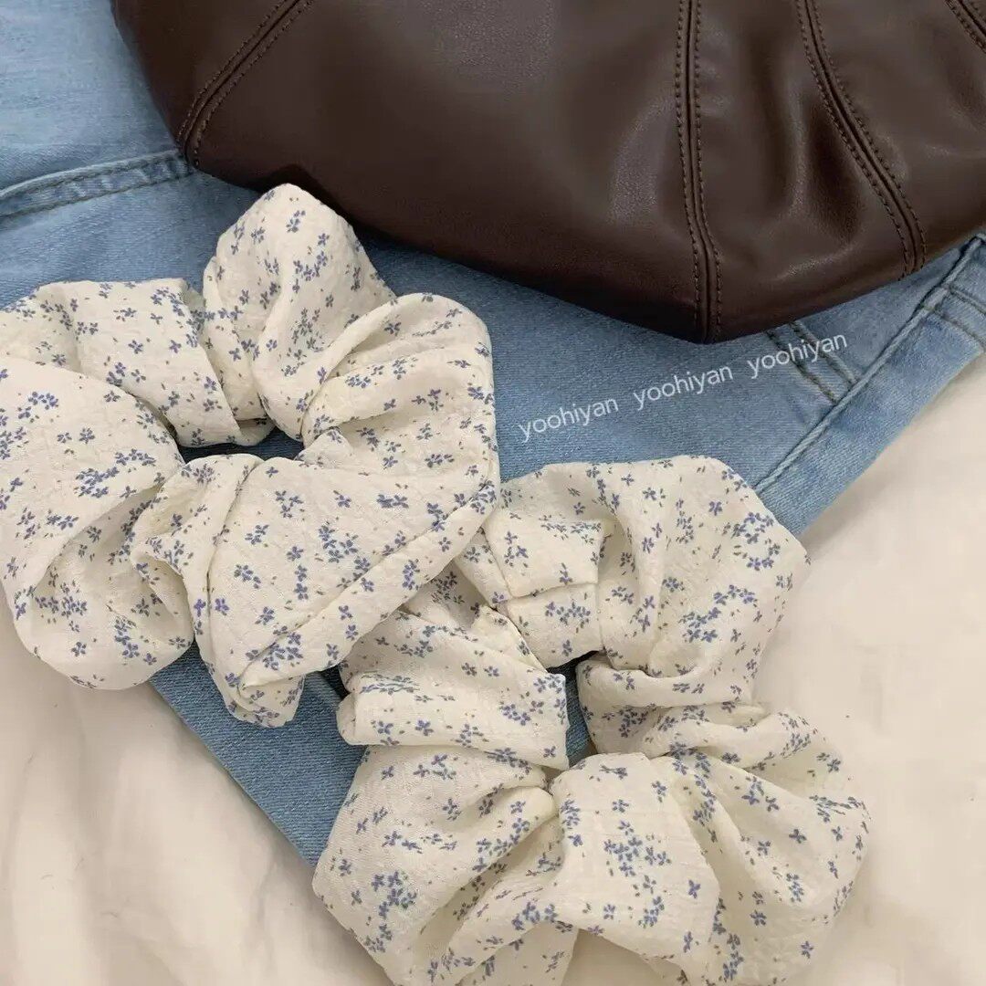 Korean-type Gentle Blue Floral Large Intestine Hair Ring for Women High-grade Sense Large Size Ball Head Flower Hair Rope Hair Rope Hair Accessories for Women