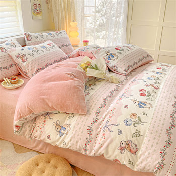 Class a Milk Velvet Four-Piece Bedding Set for Winter, Coral Velvet Bed Sheet, Duvet Cover, Three-Piece Bedding Set, Fitted Sheet Style, Thickened