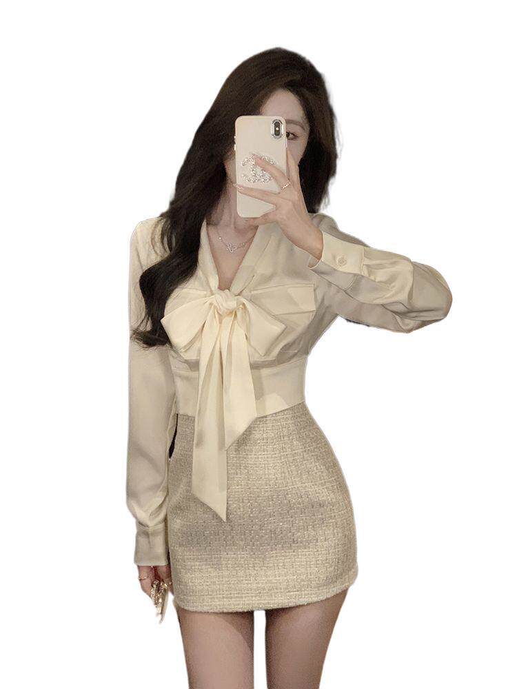 French Satin Suit for Women 2025 Spring & Fall New Elegant Bow Waist Shirt Hip-Covering Skirt Two-Piece Set