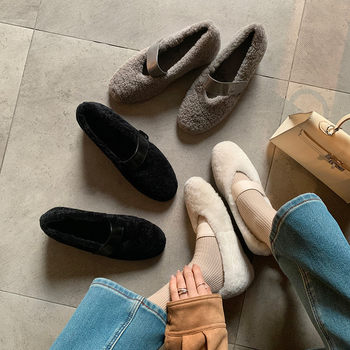 Sweet Chestnuts~! Lamb Wool One-Line Fur Shoes for Women Winter Flats Mary Jane Shoes Warm Ballet Shoes