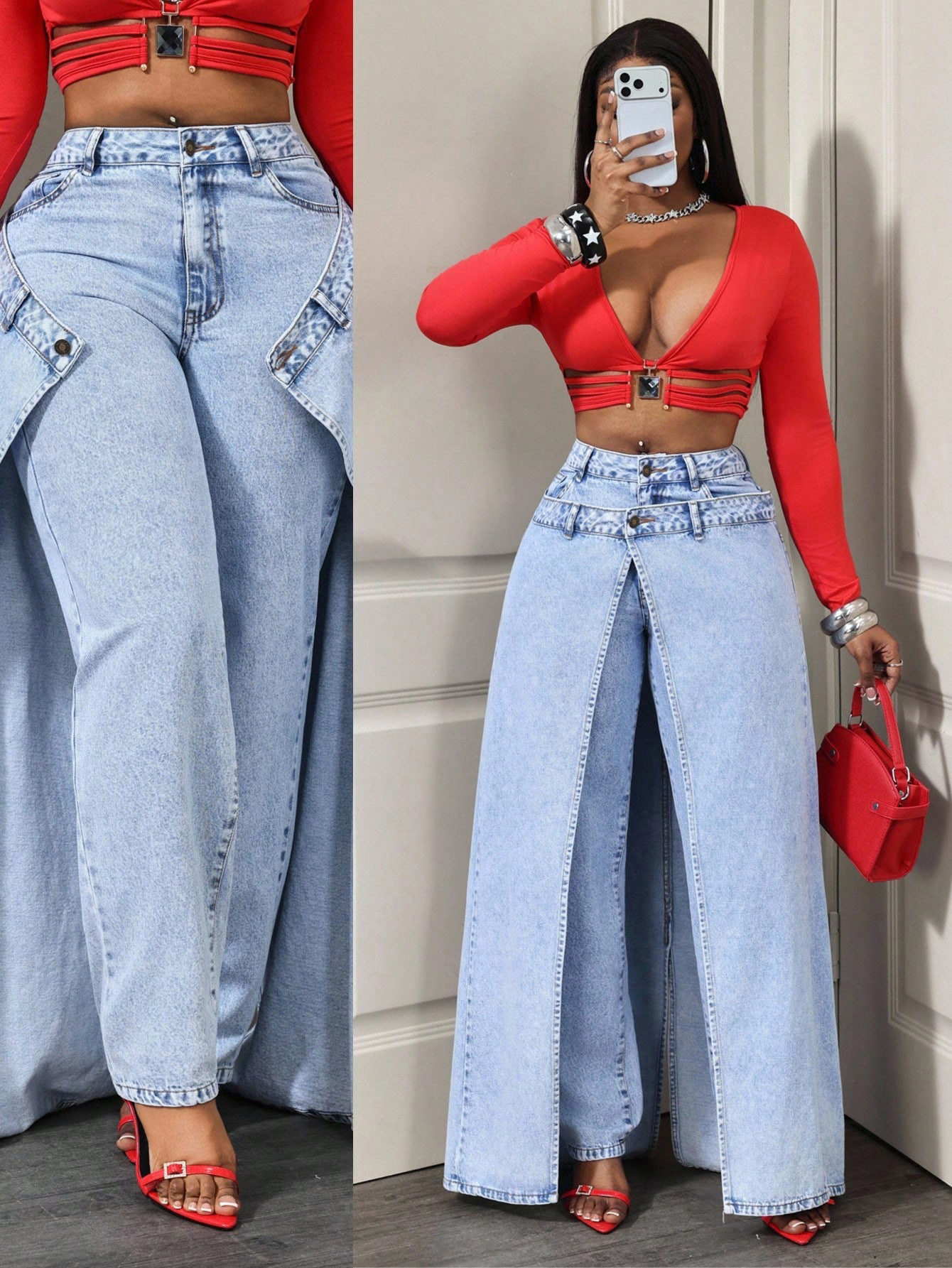 Double Layer High Waisted Split Hem Wide Leg Womens Denim Pants Stylish Comfortable Versatile Wholesale Available
