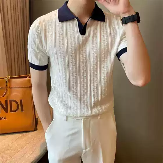 Summer Ice Silk Breathable Jacquard Lapel Short-Sleeved Knitwear for Men Korean Style Trendyy Slim Versatile Casual T-Shirt Top