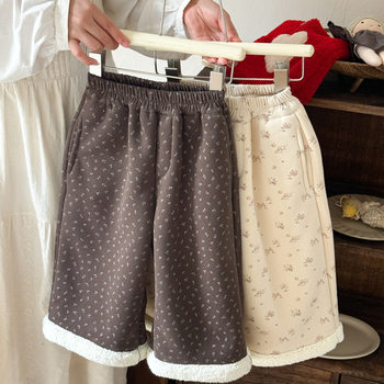 Children's Pants 2025 Winter New Korean Style Girls' Alpaca Velvet Pants Kidsren's Style Floral Cuffed Straight Pants