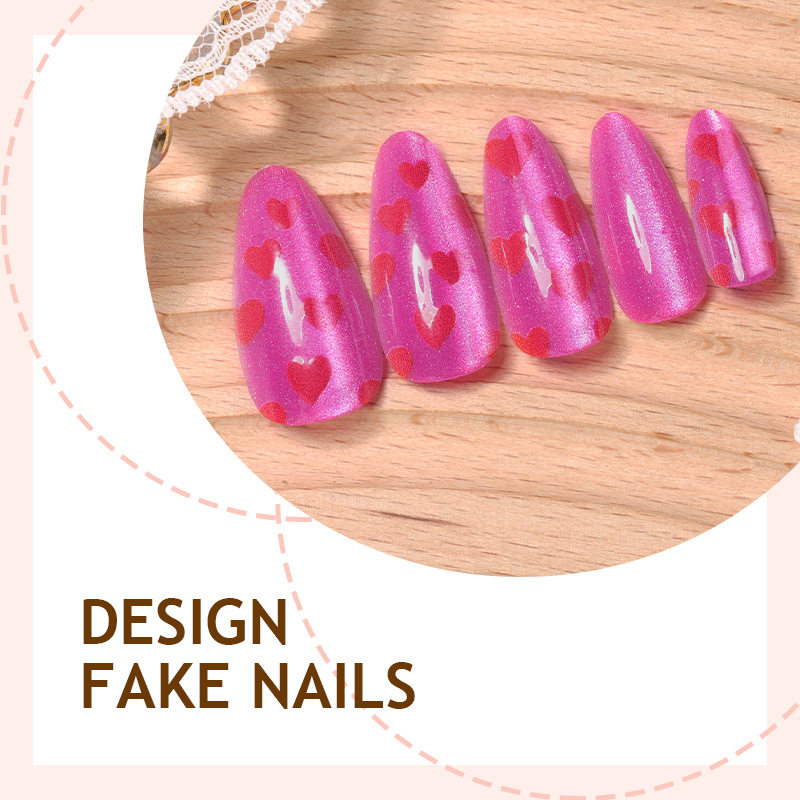 Valentine's Day Cat-Eye Wearable Nails, Sweet and Cool Rose Pink Heart Manicure, High-Quality Fake Nails, Wearable Nails, High-End