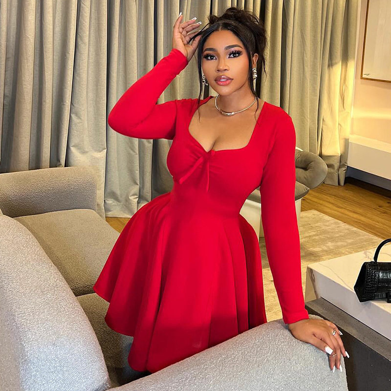 Fashionable Womens A Line Dress Long Sleeve Ruched Waist Solid Color Ideal for Dates and Casual Outings Wholesale