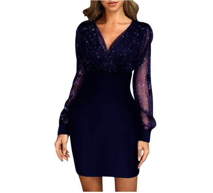 V Neck Sequin Dress Sheer Mesh Slim Fit Elegant Style Perfect for Parties and Special Occasions Ready to Ship